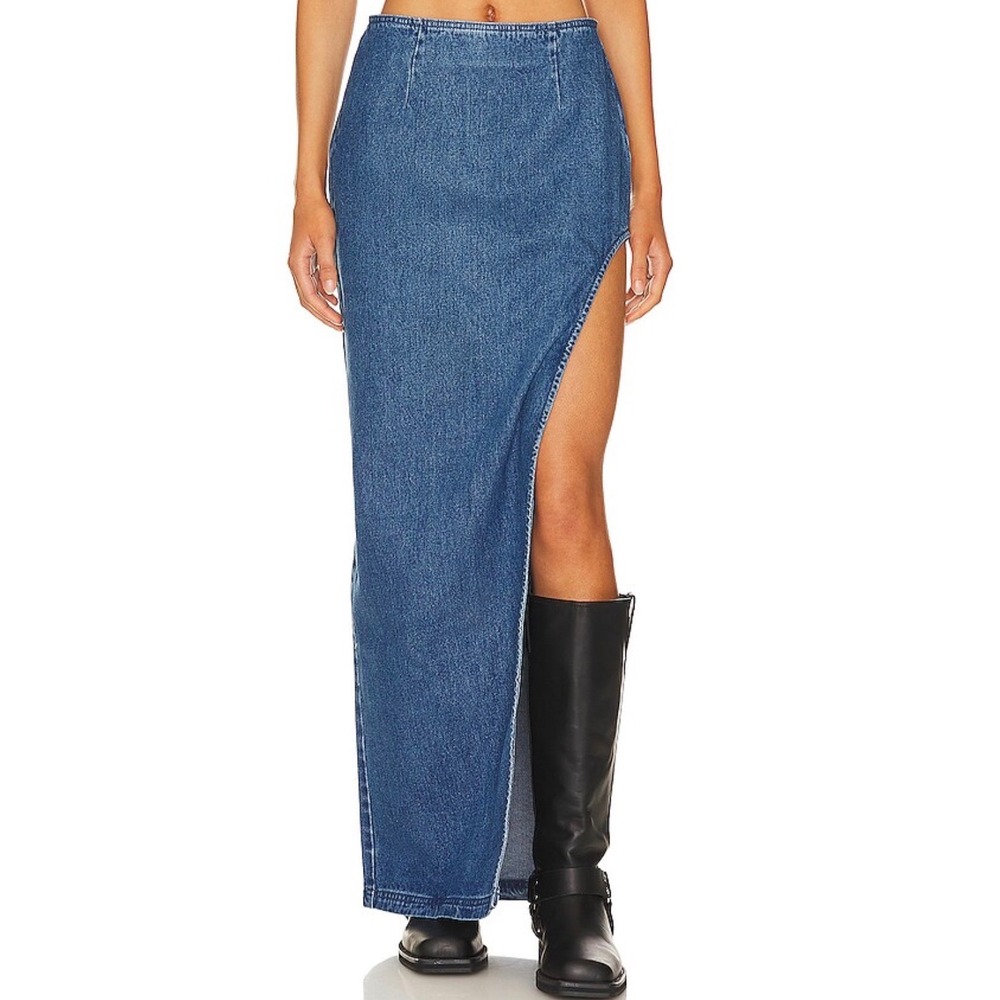 AFRM Denim Maxi Skirt‎ Medium Wash High Side Slit Size 31 Blue Jean Floor Length